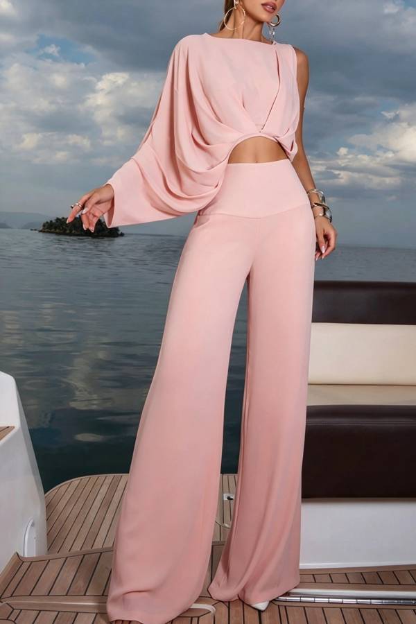 Oriana Irregular Design One Sleeve Crop Top and High Rise Wide Leg Pants Set