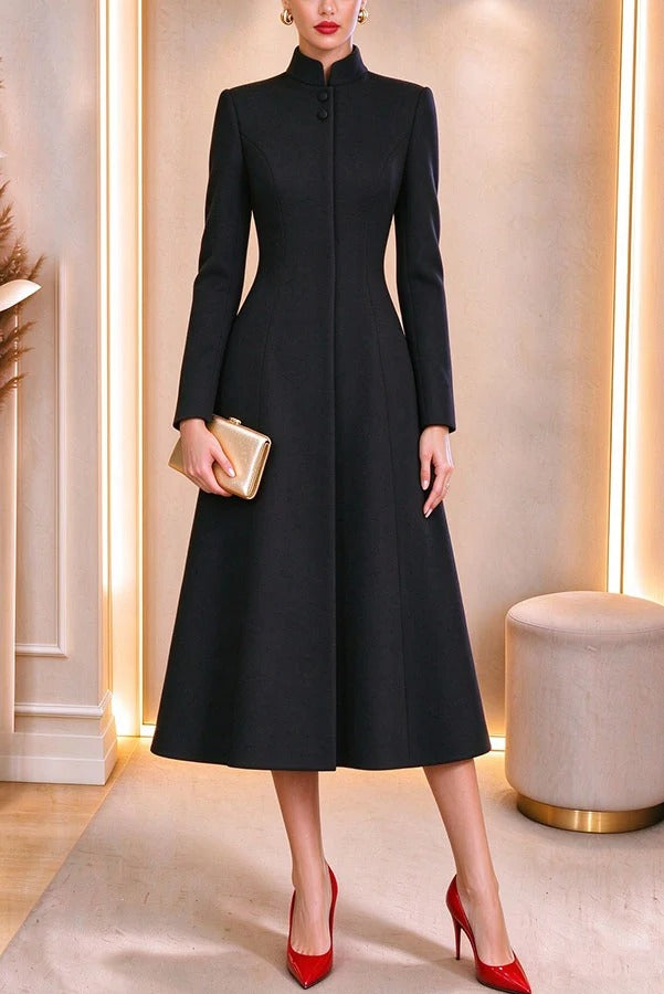French Style Stand Collar Single Button Placket A-line Trench Coat Midi Dress
