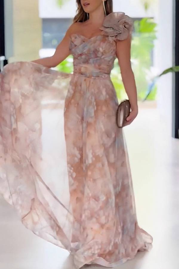 Watercolor-Print One-Shoulder Floral Evening Gown