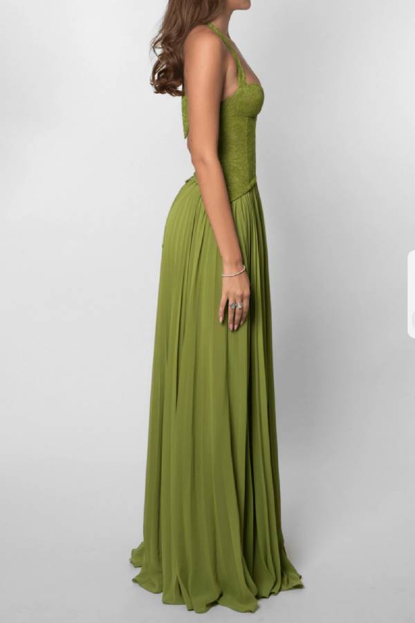 Halter Lace Corset Pleated Chiffon Maxi Evening Gown