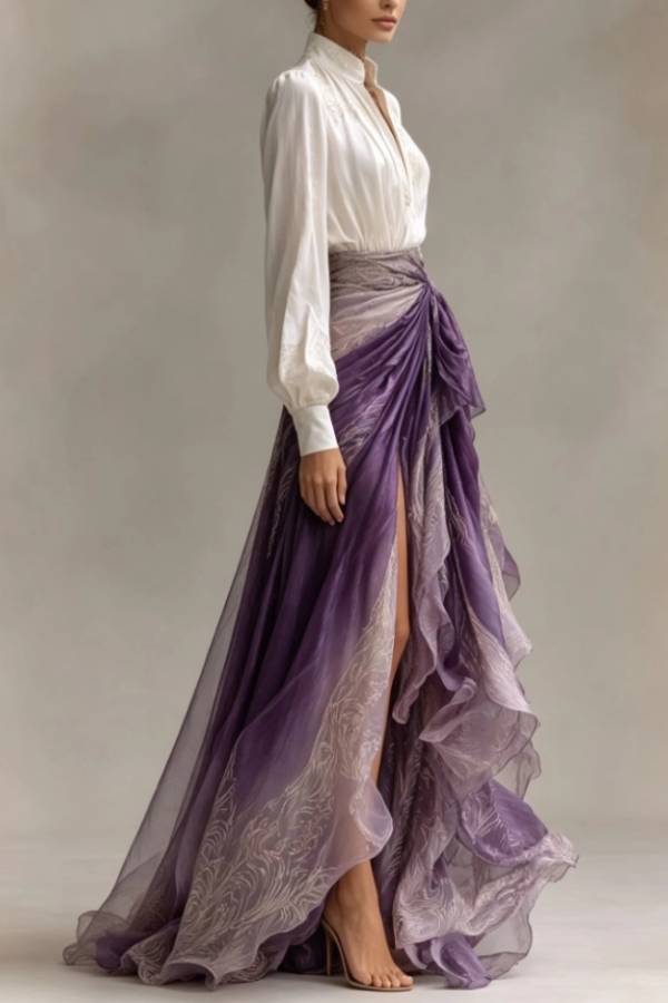 Two-piece Embroidered Satin Shirt With Vertical Collar Gradient Purple Kink Split Floating Dress