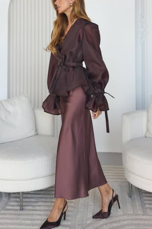 Organza Puff Sleeve Wrap Tie Top & Satin Midi Mermaid Skirt Two-Piece Set