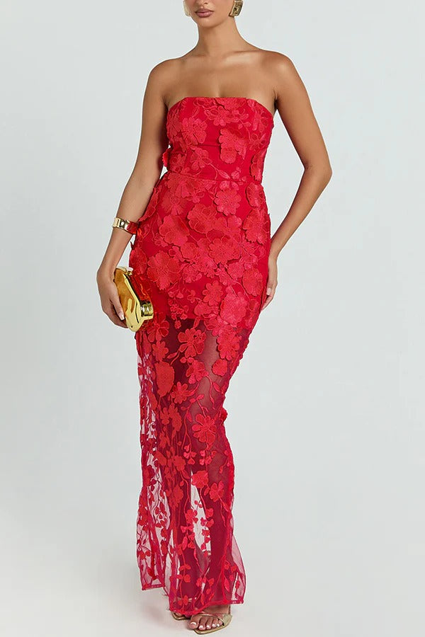 Sienna Floral Embroidered Fabric Off Shoulder Mermaid Silhouette Slit Maxi Dress