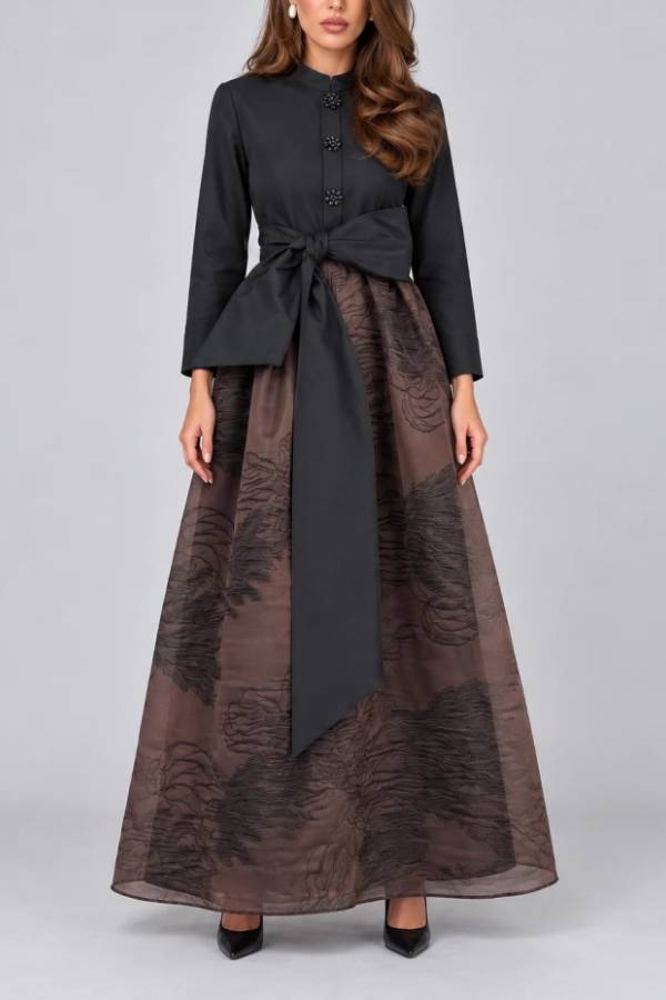 Elegant Black Long Sleeve Bow Belted Shirt Dress with Floral Buttons