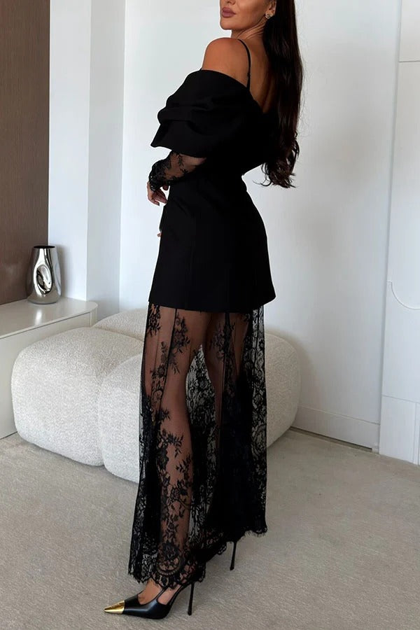 Lenossa Bow Long Sleeve Slit Mini Dress and Lace Elastic Waist Flare Maxi Skirt Set
