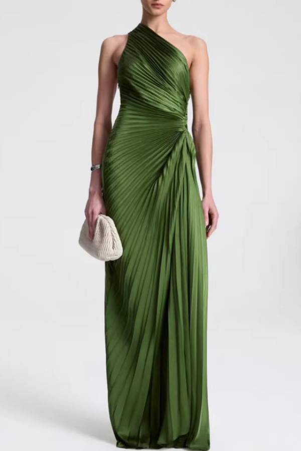 Green Satin One‑Shoulder Pleated Long Evening Gown
