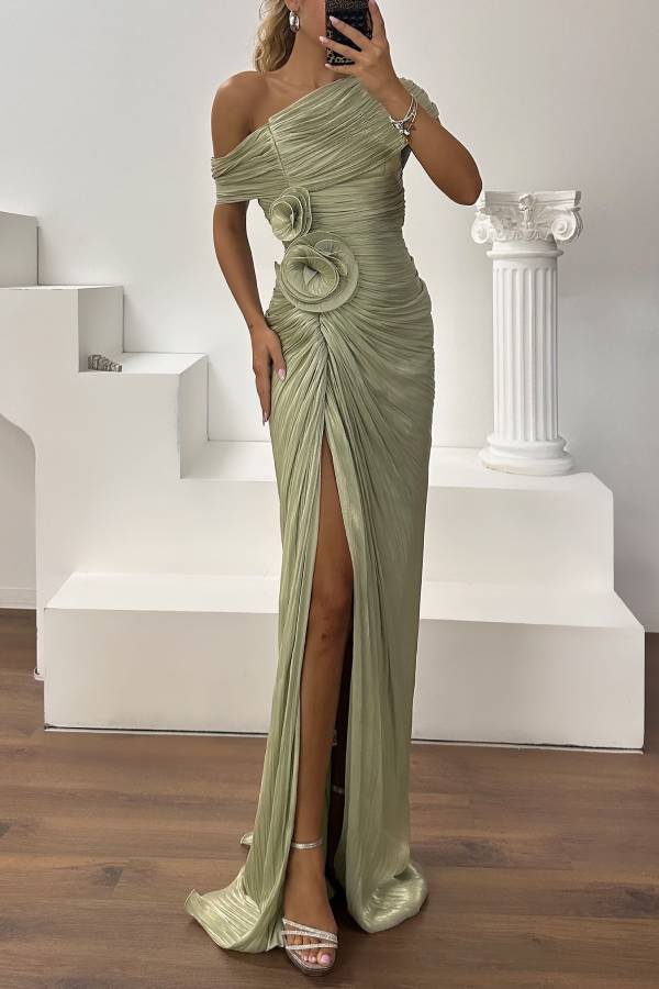 One‑Shoulder 3D Floral Ruched Slit Train Evening Maxi Gown