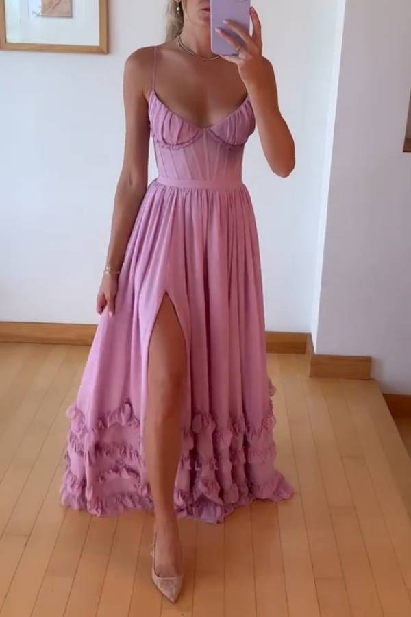 Multi-Color Spaghetti Strap V-Neck Ruffle Slit Maxi Formal Dress