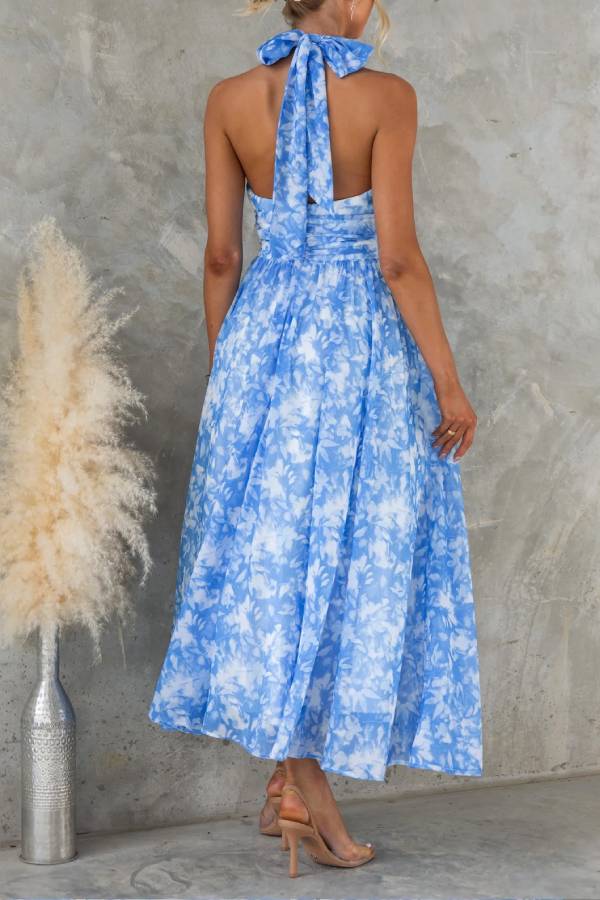 Watercolor Halter-Neck Waisted Maxi Dress