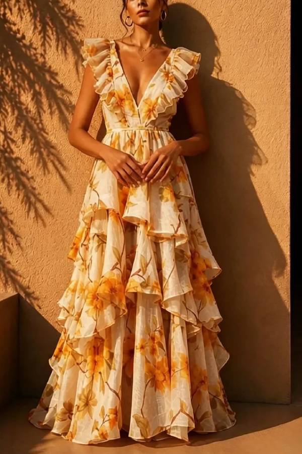 Deep V Ruffle Sleeve Floral Tiered Ruffle Maxi Vacation Dress