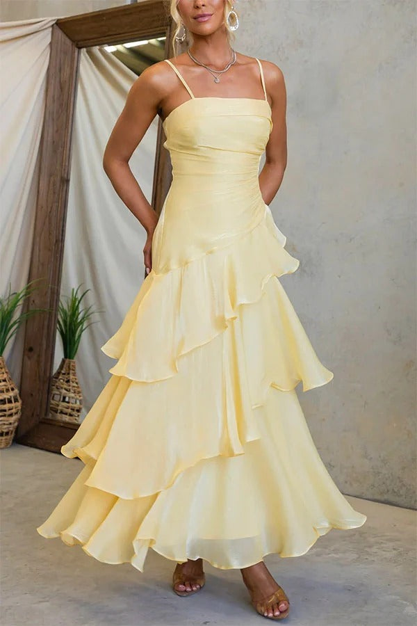 Arlow Multi-layered Ruffles Square Neck Slip Maxi Dress