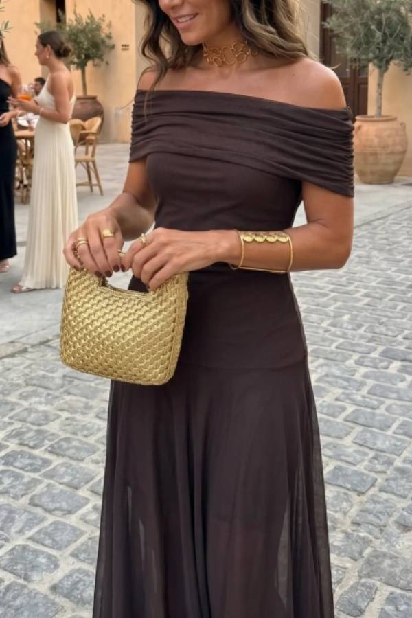 Women's One Shoulder Draped Mesh Maxi Dress in Abstract Print