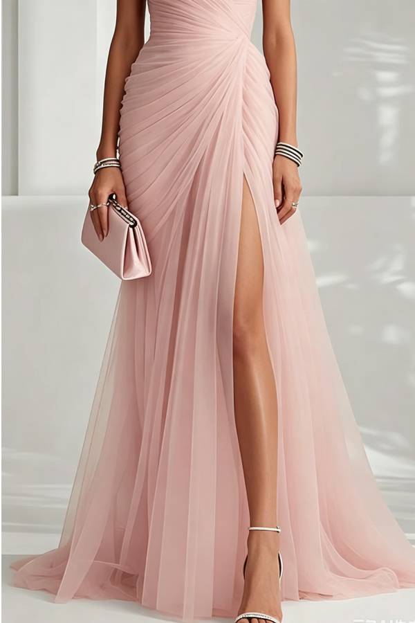 Sylvie Ruched Tulle Back Lace-up Strapless High Slit Gown Maxi Dress