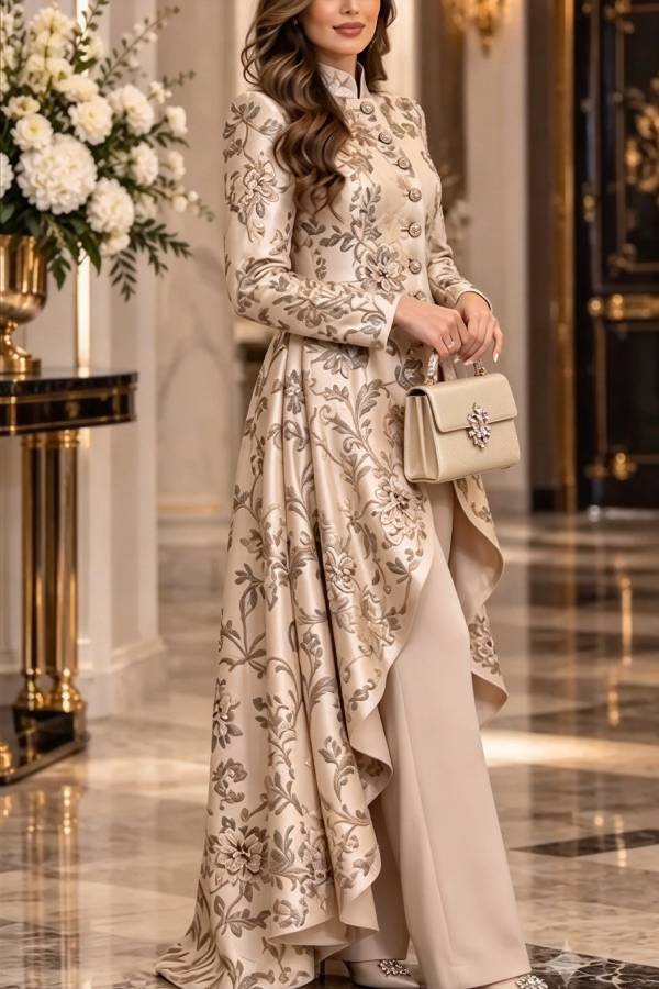 Isenrae Floral Print Stand Neck Long Sleeve Button High Low Hem Top and Wide Leg Pants Set