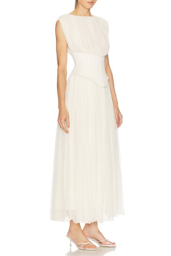 Boned Corset Waist Pleated Sleeveless Maxi Dress