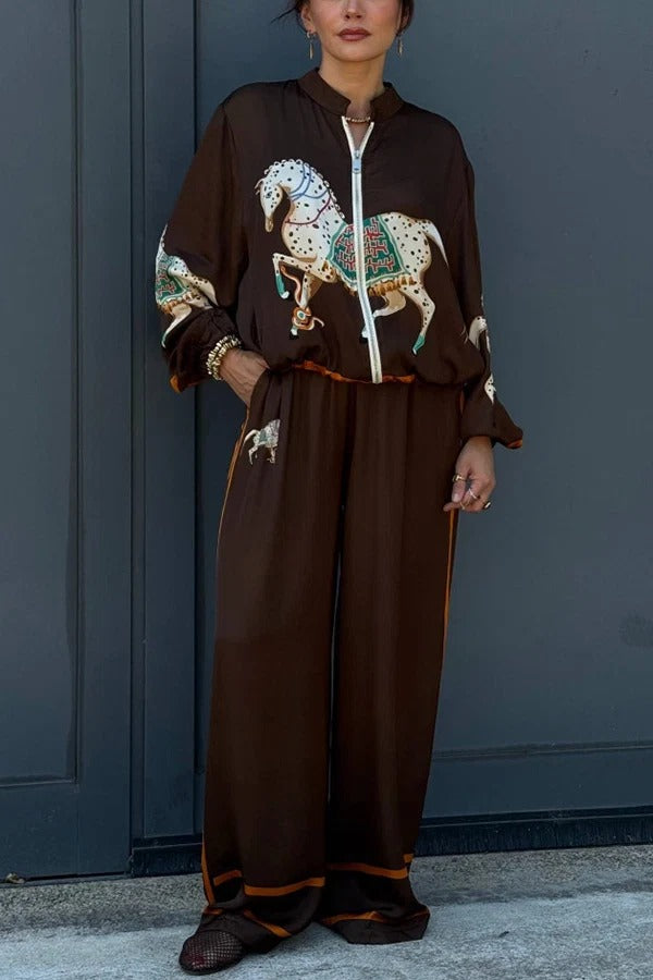 Vintage Horse Print Zip‑Up Casual Two‑Piece Set