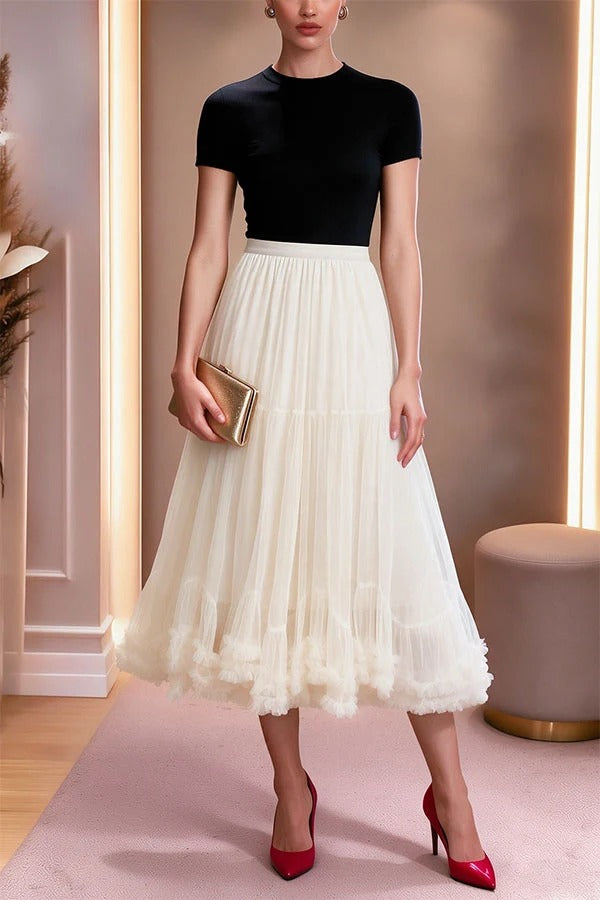 Sweet Style Mesh Elastic Waistband Lettuce-edge Detail Puffy Midi Skirt