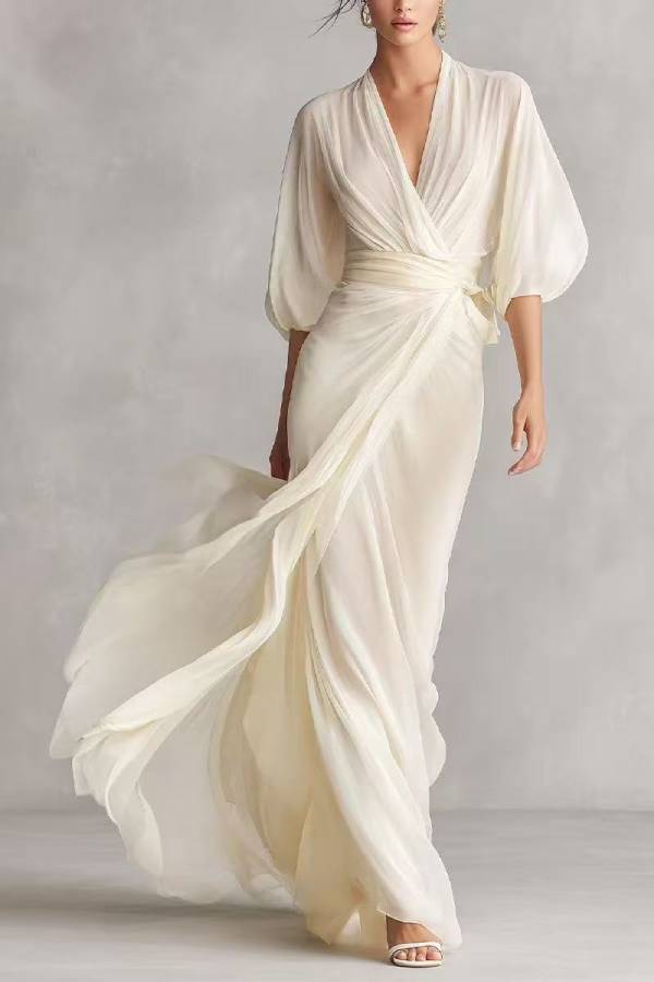 Wrap V-Neck Lantern Sleeve Chiffon Evening Gown