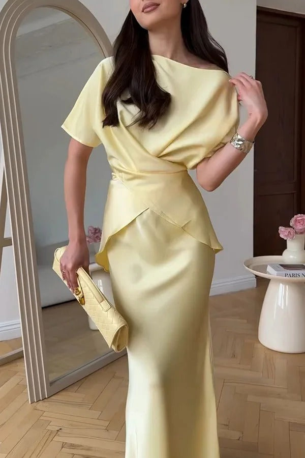 Secret of Elegance Satin Slit Back Lace-up Top and Elastic Waist Flare Maxi Skirt Set