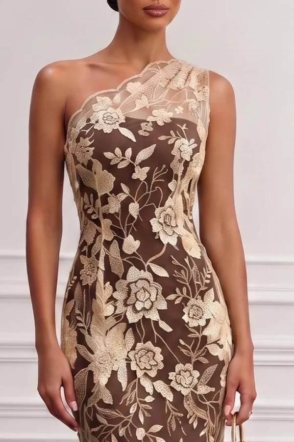 Brown Floral Lace One Shoulder Sleeveless Midi Dress