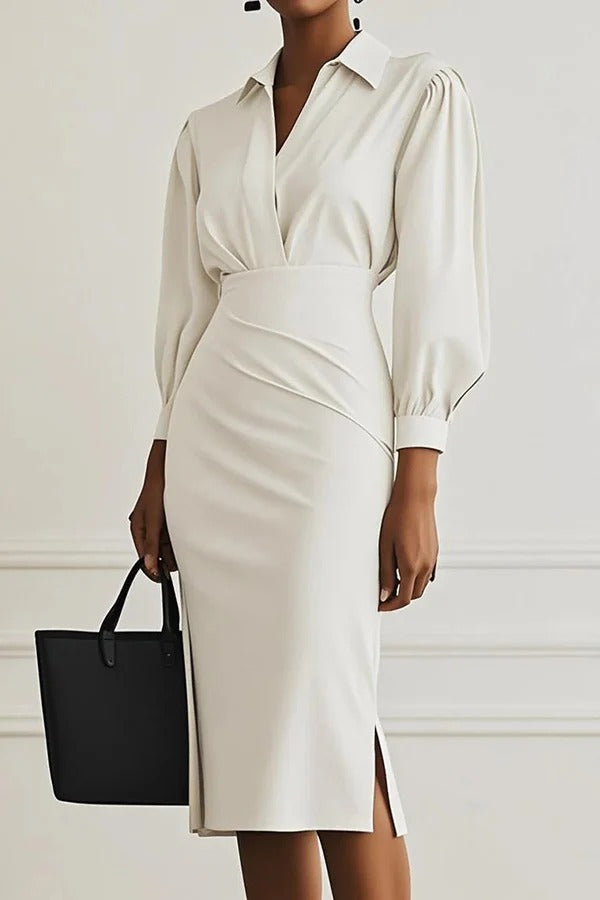 Fashion Lapel Long Sleeve Slim Waist Midi Dress