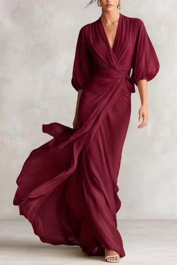 Wrap V-Neck Lantern Sleeve Chiffon Evening Gown