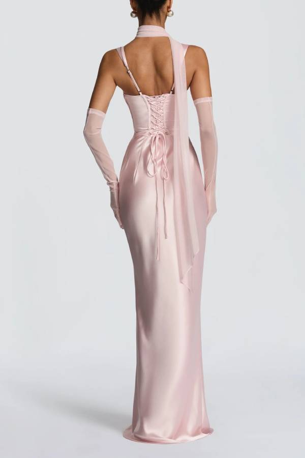 Halter Square Neck Ruched Satin Mermaid Maxi Evening Gown