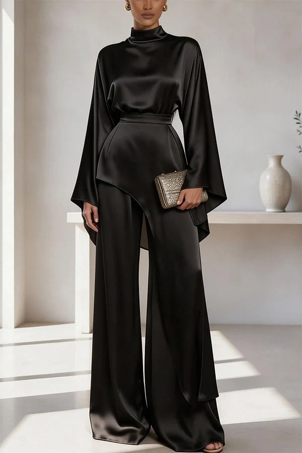 Satin High Neck Flare Sleeve Top and High Rise Asymmetric Design Wide Leg Pants Set