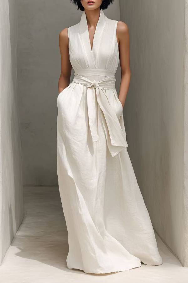 Stand Collar Sleeveless Wrap Tie Waist Maxi Dress