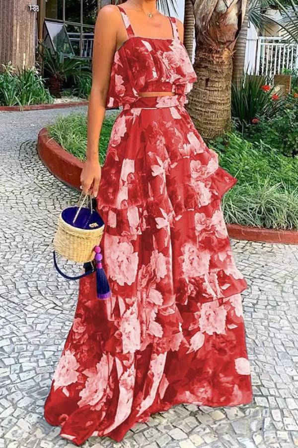 Vintage Floral Print Ruffled Cami & Skirt Set