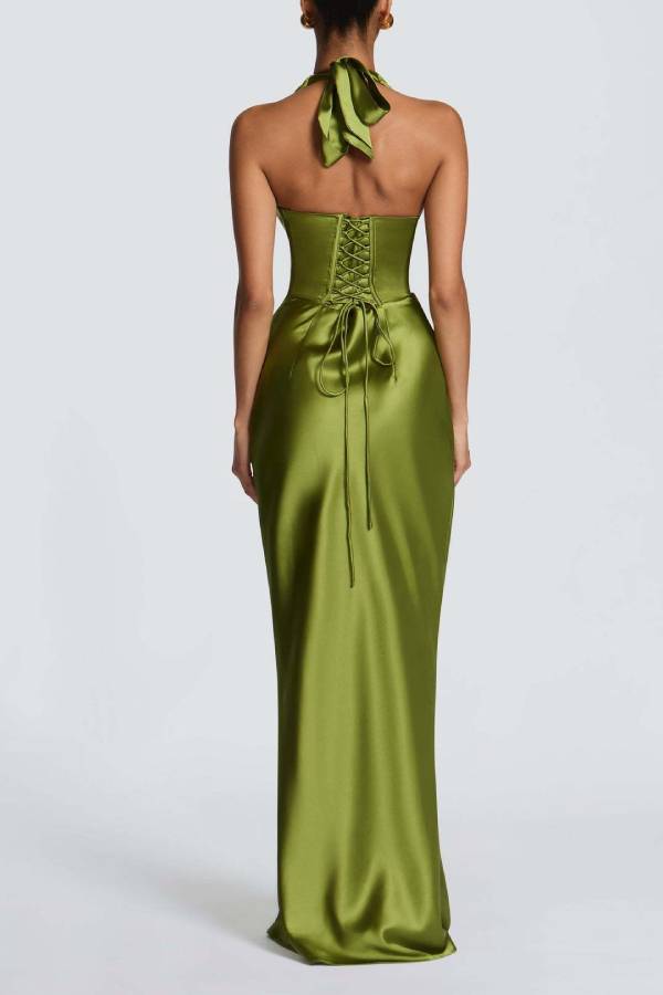 Halter Deep‑V Satin Mermaid Evening Maxi Dress