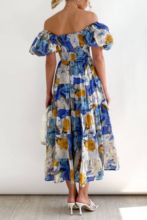Off Shoulder Puff Sleeve Floral Smocked Tiered Midi Vacation Dress