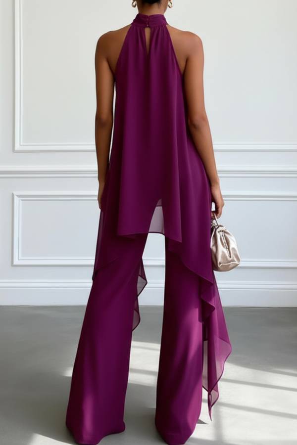 Halter Neck Chiffon Draped Top & Flared Pants Party Two‑Piece Set