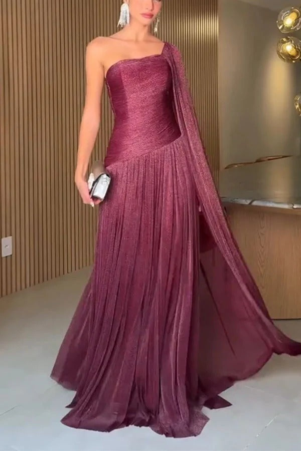 Maison Lurex Shimmer Ethereal One-Shoulder Draped Maxi Dress