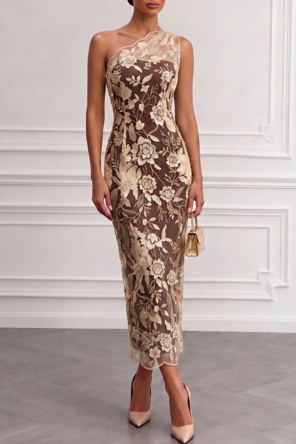 Brown Floral Lace One Shoulder Sleeveless Midi Dress