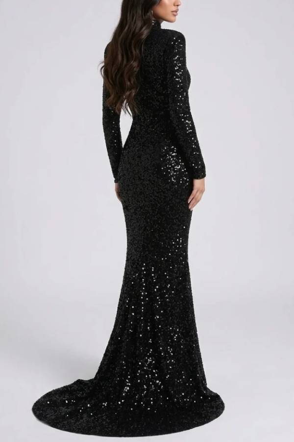 Black Sequin High Neck Long Sleeve Mermaid Maxi Evening Dress