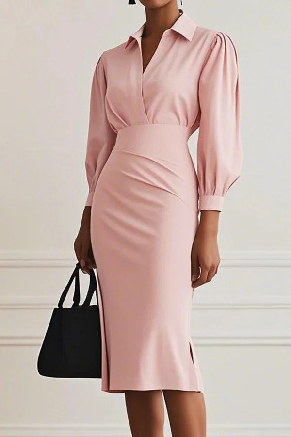 Fashion Lapel Long Sleeve Slim Waist Midi Dress