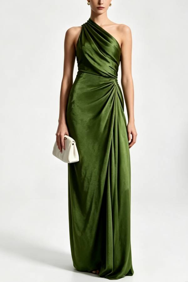 Satin One‑Shoulder Ruched Slit Long Evening Gown