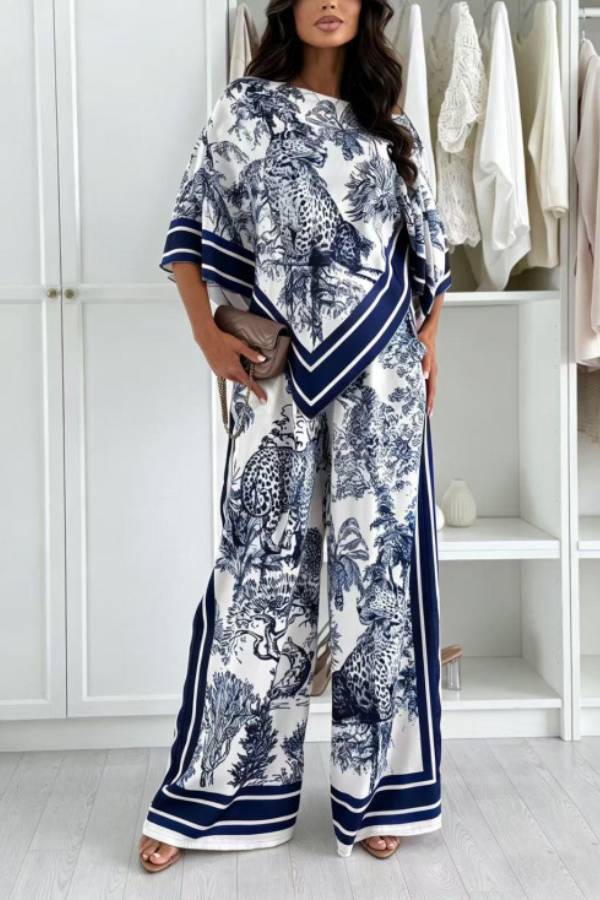 Jungle Leopard Print Batwing Sleeve Top & Wide‑Leg Pants Two‑Piece Set