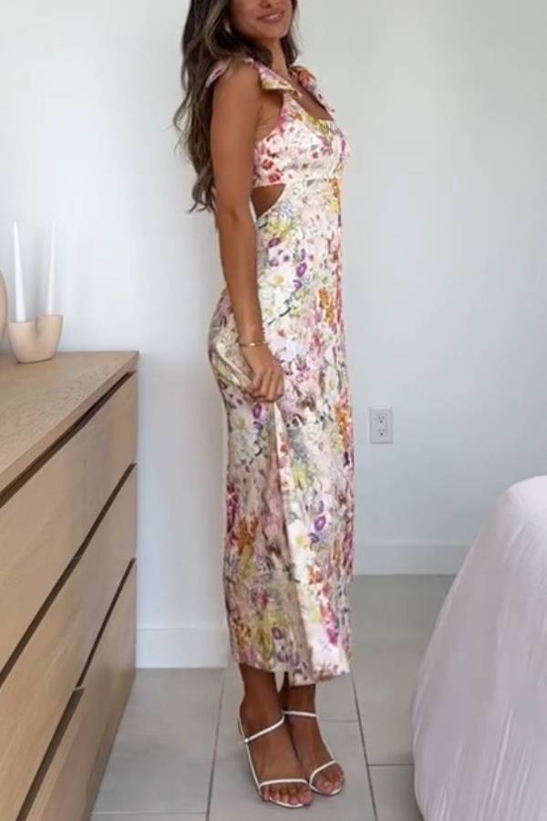 Watercolor Floral Print Bow-Trimmed Midi Dress