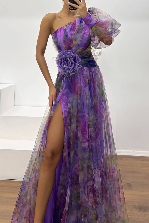 Floral Decor Chiffon Print One Shoulder Evening Gown Maxi Dresses