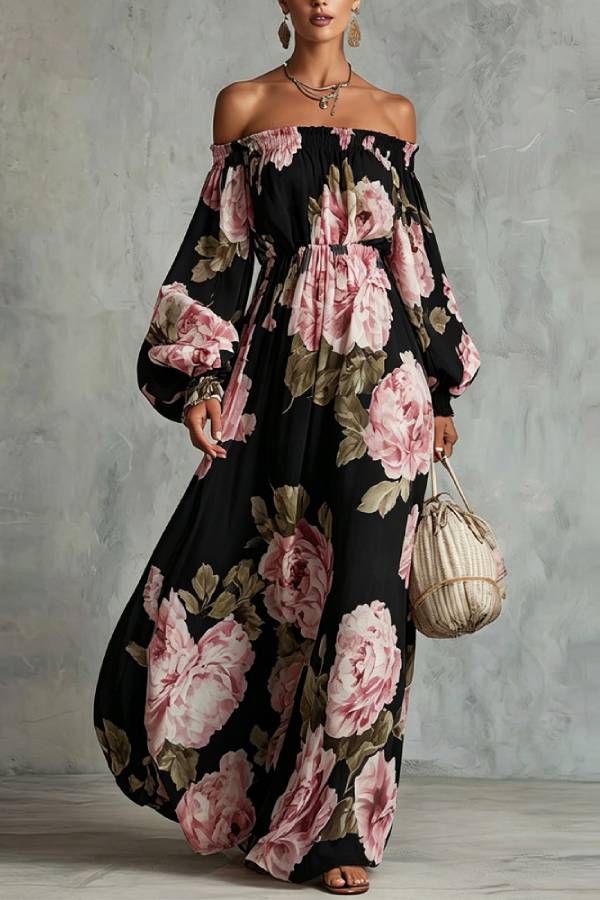 Off‑Shoulder Big Floral Print Lantern Sleeve Chiffon Maxi Dress