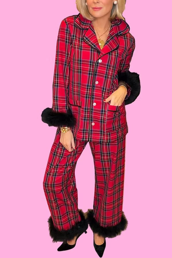 Holiday Time Plaid Contrast Feather Sleeve Pocket Shirt and Elastic Waist Pajama Set