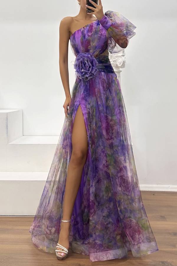 Floral Decor Chiffon Print One Shoulder Evening Gown Maxi Dresses