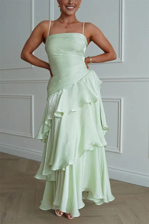 Arlow Multi-layered Ruffles Square Neck Slip Maxi Dress