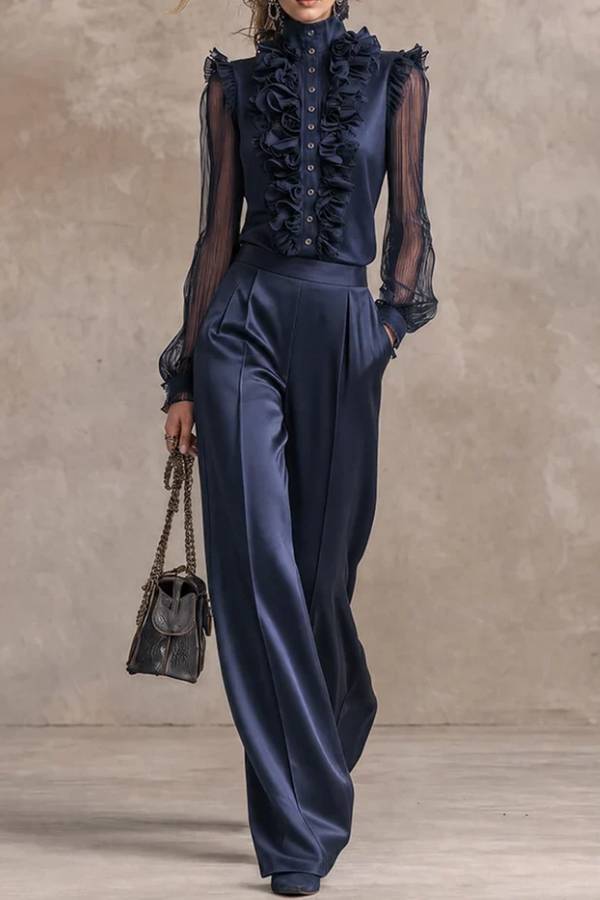 Elegant Ruffle Front Blouse and Wide-Leg Trouser Two-Piece Set