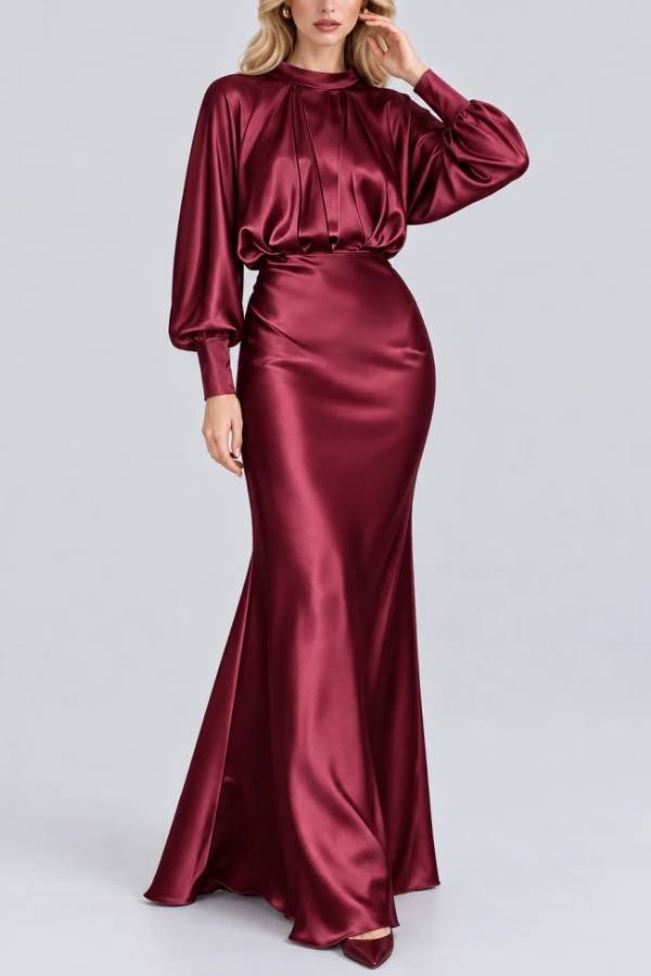 High Neck Bishop Sleeve Gathered Bodice Satin Maxi Dress
