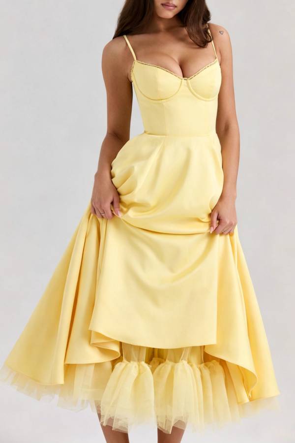 Lace Trim Corset Satin Midi Swing Dress