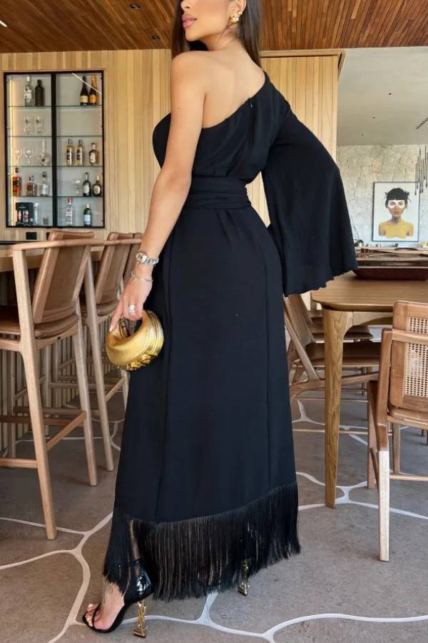 One Shoulder Bell Sleeve Fringe Maxi Dress Self Tie Waist Asymmetric Slit Party Vacation Long Gown