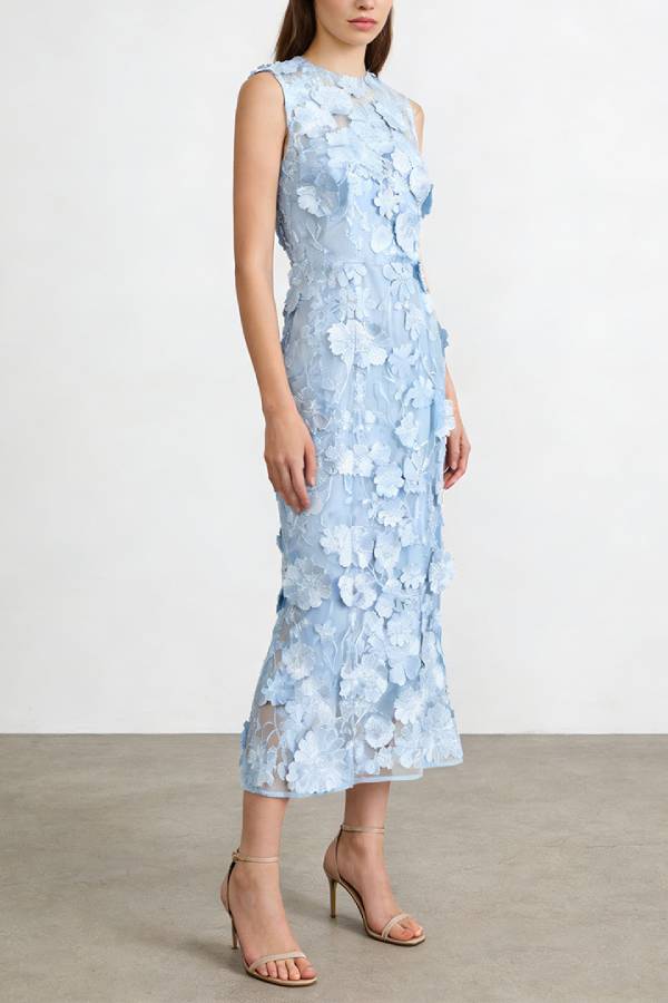 Light Blue 3D Floral Sleeveless Midi Mermaid Dress